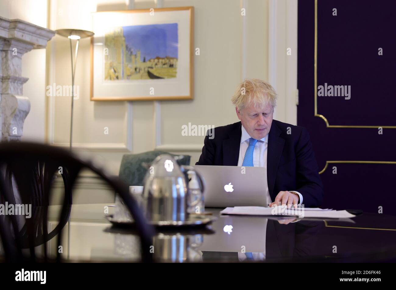 (201017) -- LONDON, Oct. 17, 2020 (Xinhua) -- British Prime Minister Boris Johnson prepares his Brexit statement in his office at 10 Downing Street, before filming a clip to the media on his reaction after the EU Summit, in London, Britain, on Oct. 16, 2020. Boris Johnson said Friday that as the European Union (EU) Summit in Brussels refused to offer London a Canada-style deal, Britain will prepare to embrace a no-trade deal scenario. Johnson made the response following the EU Summit discussions on Brexit Thursday. EU's chief Brexit negotiator Michel Barnier said he will continue intensive tal Stock Photo