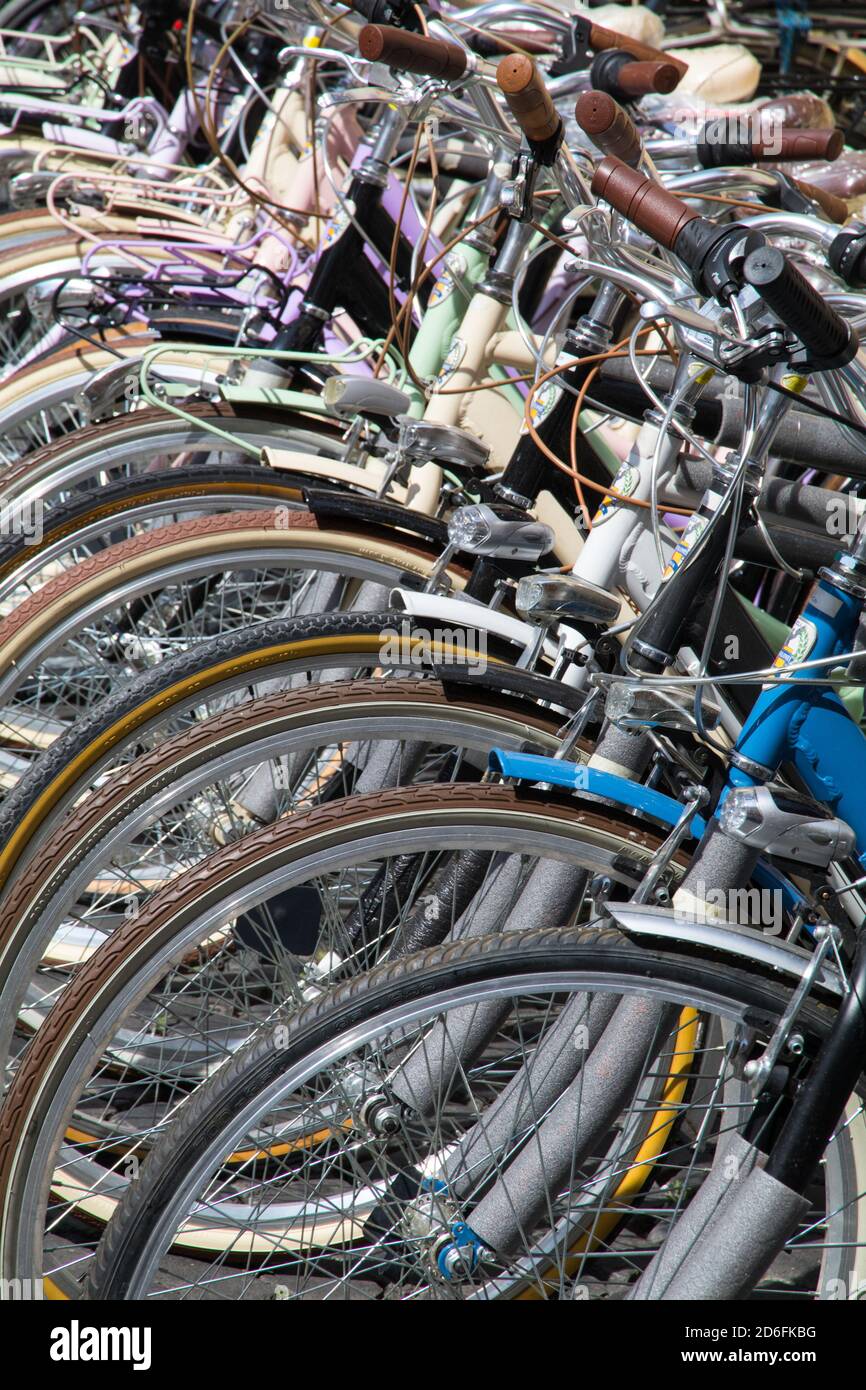 Bikes in a rack in Rome Italy Stock Photo