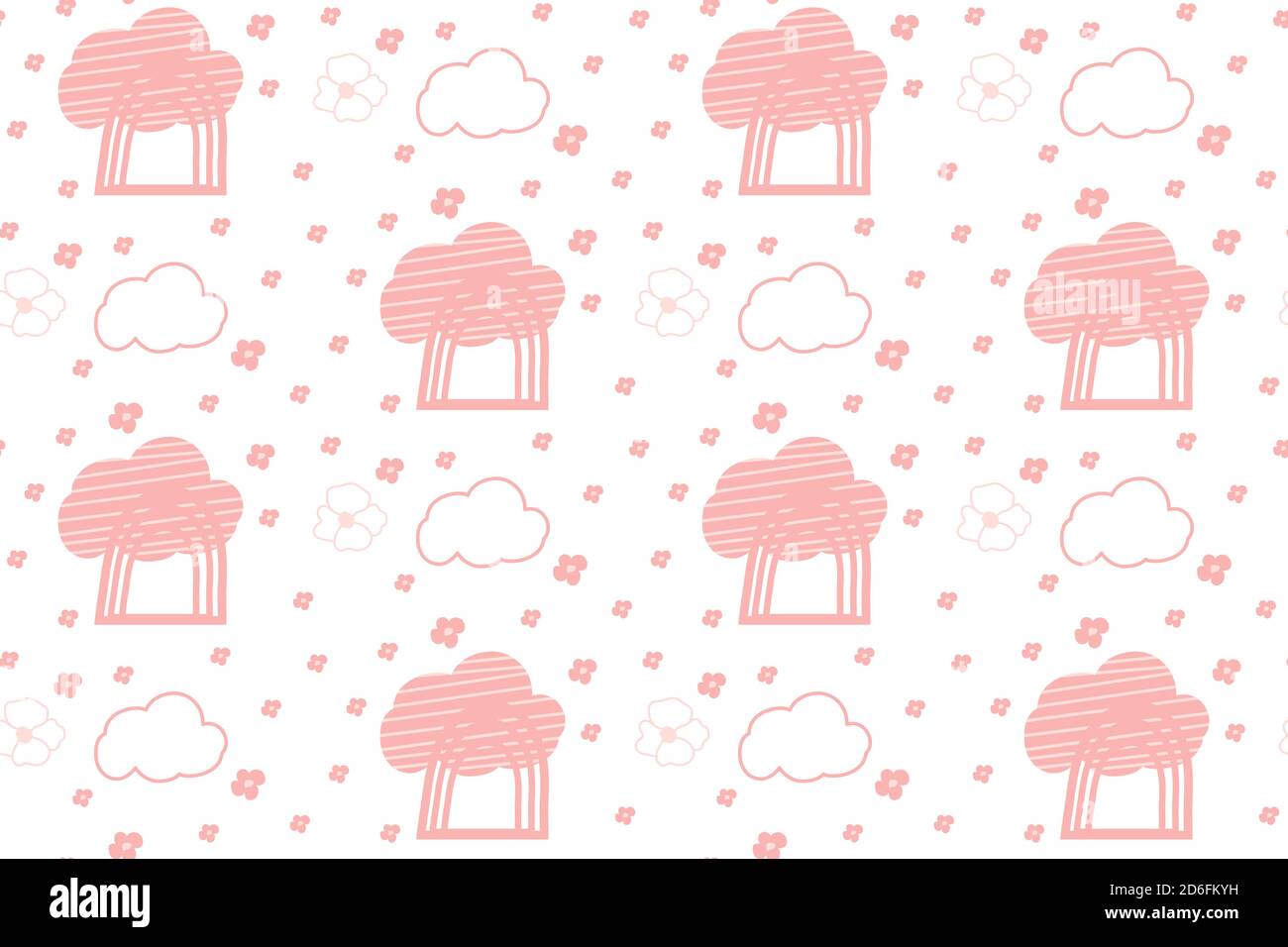 Kids cute pink doodle cloud seamless pattern. Pastel tileable background of hand drawn clouds with lines, flower and rainbow. Great for fabric, paper print, wallpaper decor or book Vector illustration Stock Vector