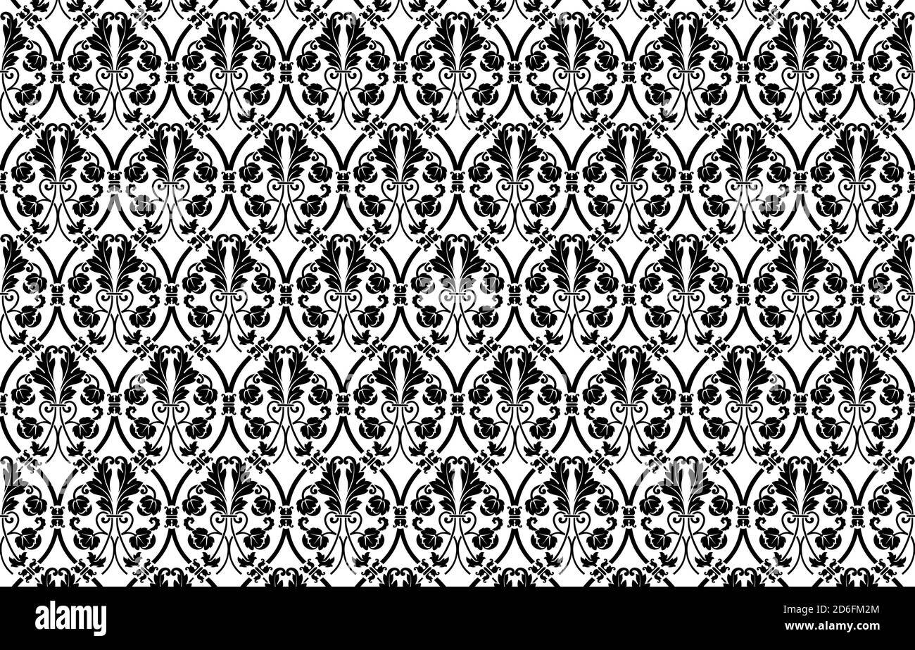 Damask pattern, black damask pattern, floral ornamental design, Wallpaper in the style of Baroque. White and black floral ornament. for wallpapers Stock Vector
