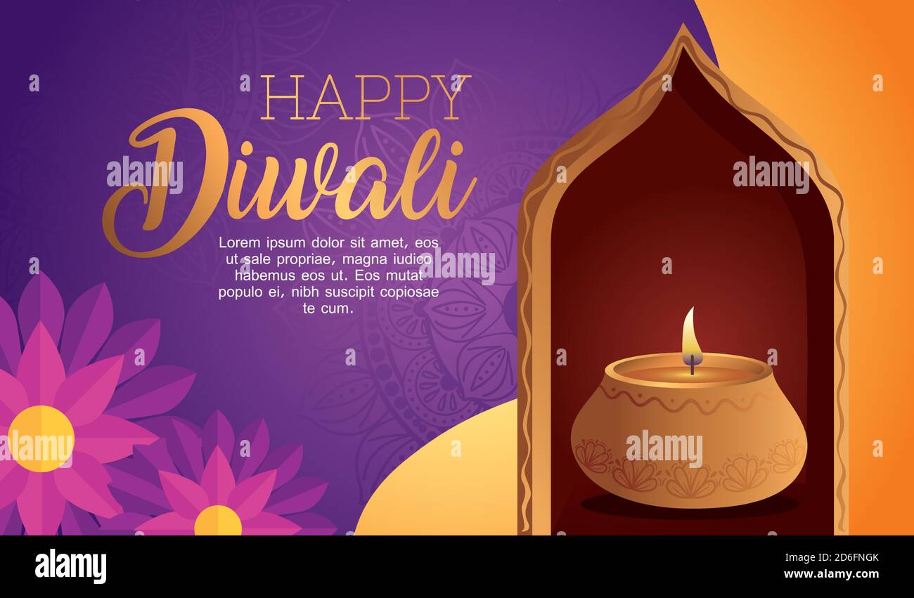 Happy diwali diya candle in window with flowers vector design Stock
