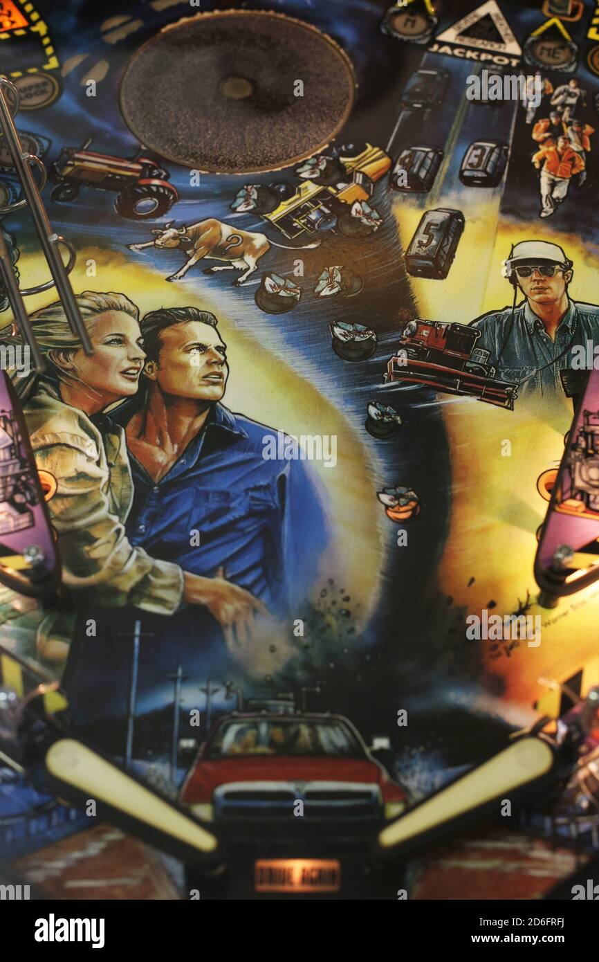 Close up of the art work on the Twister movie pinball machine, on display at the Twister Museum in Wakita, Oklahoma. Stock Photo