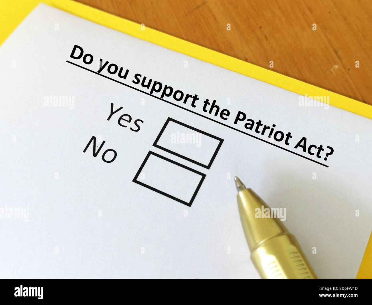 One person is answering question about supporting patriot act. Stock Photo