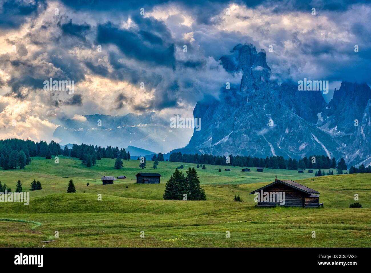 Hilly agricultural countryside with green pastures, trees and wooden huts at Seiser Alm, Alpe di Siusi, the mountain Plattkofel, Sasso Piatto, surroun Stock Photo