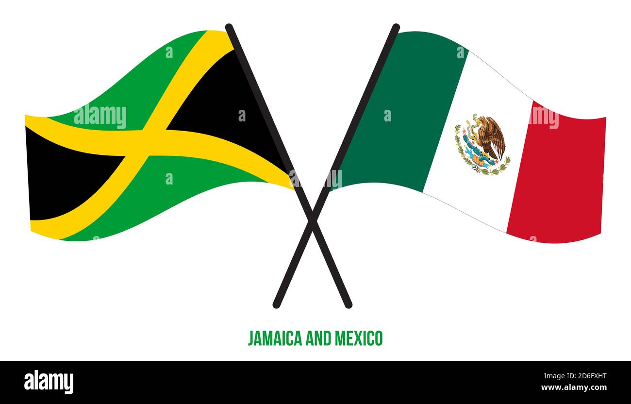 Jamaica and Mexico Flags Crossed And Waving Flat Style. Official
