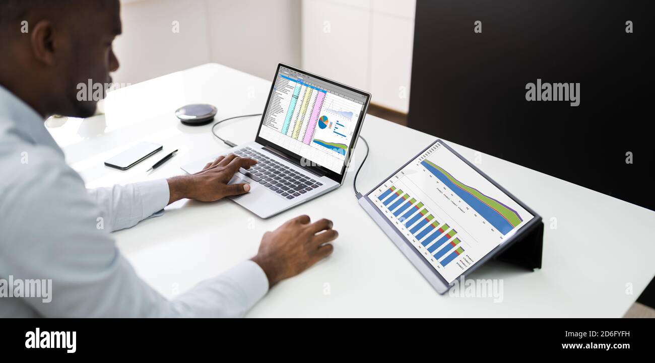 African American Business Data Analyst Using Analytics Software Stock Photo