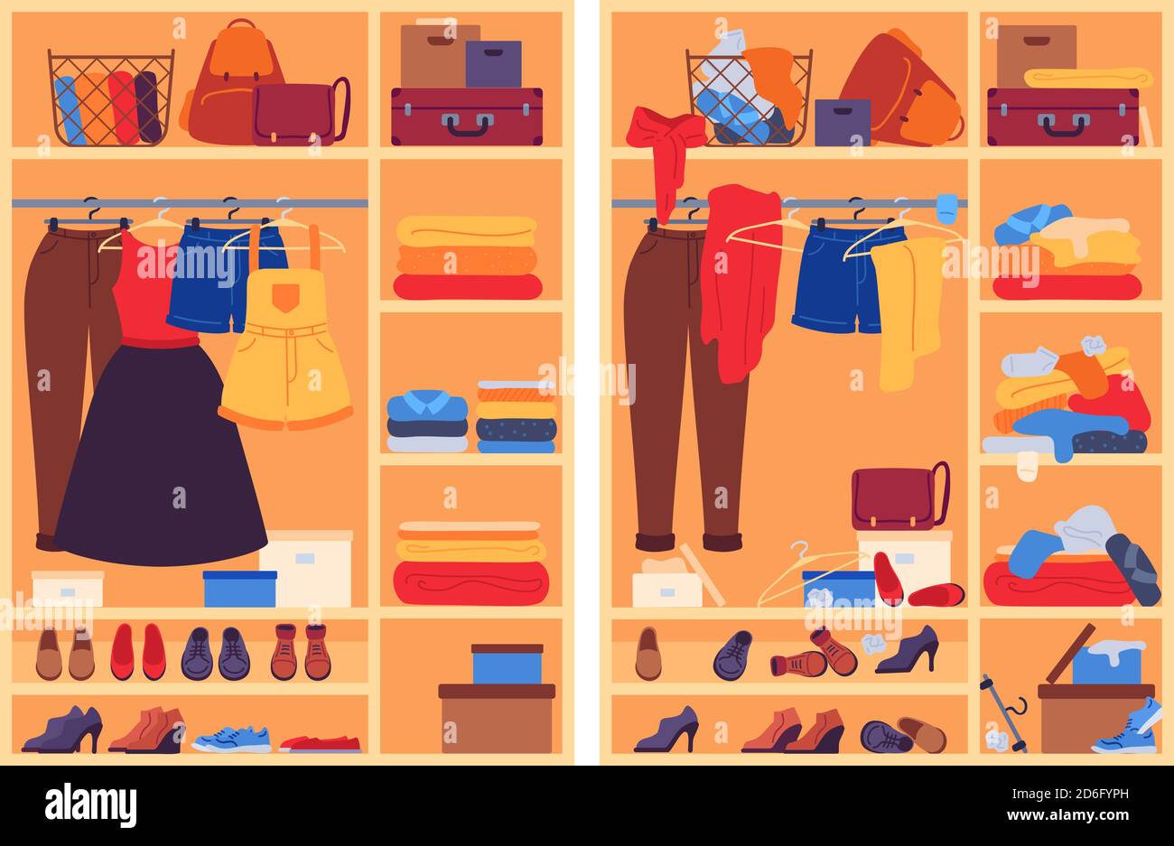 Messy clothes in wardrobe. Open closet with messy, organized shoes and accessories, cloakroom before and after organization, vector concept Stock Vector