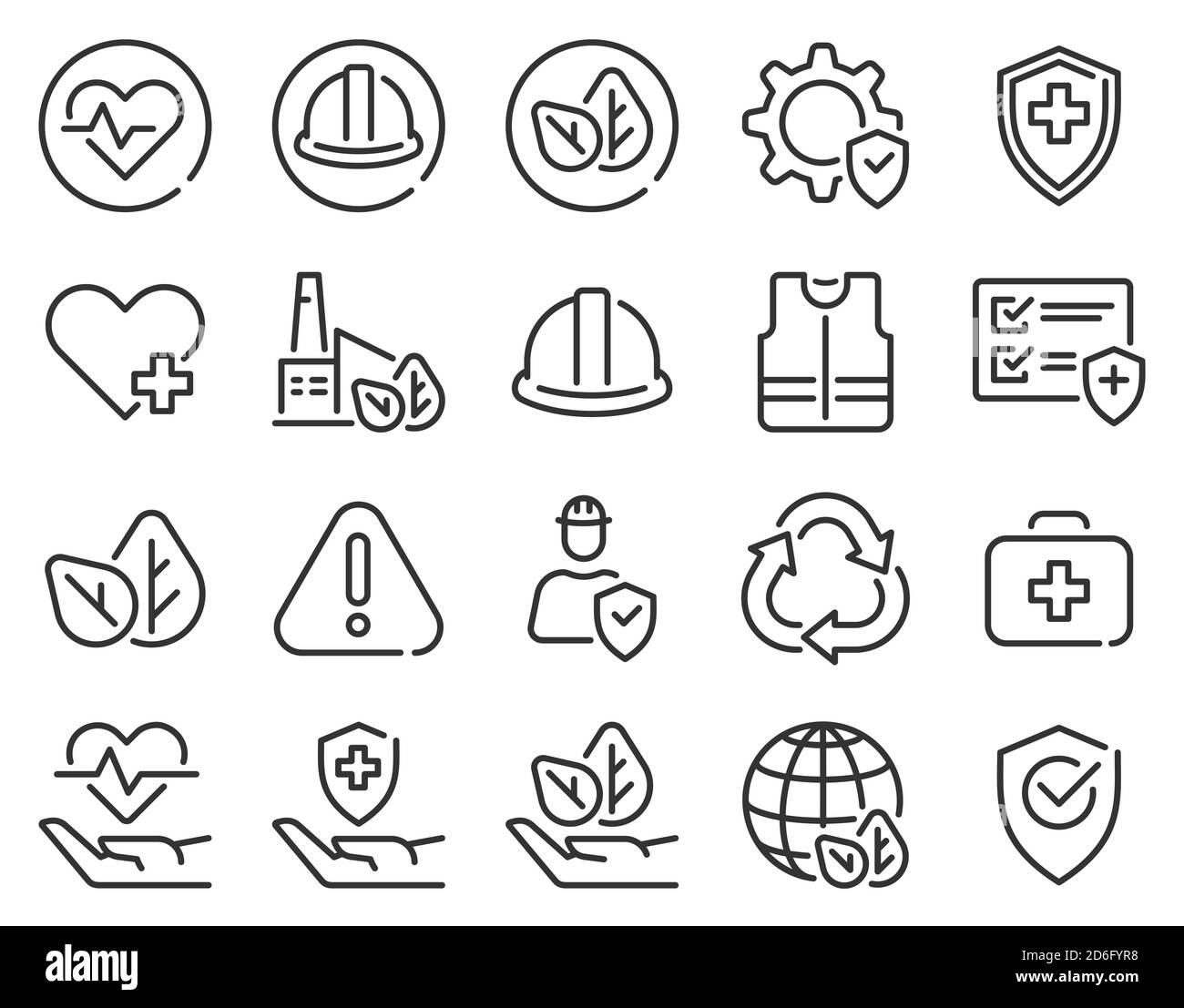 Health safety environment icons. Occupational security preventive, medical insurance, air pollution protection warning hazard, vector set Stock Vector