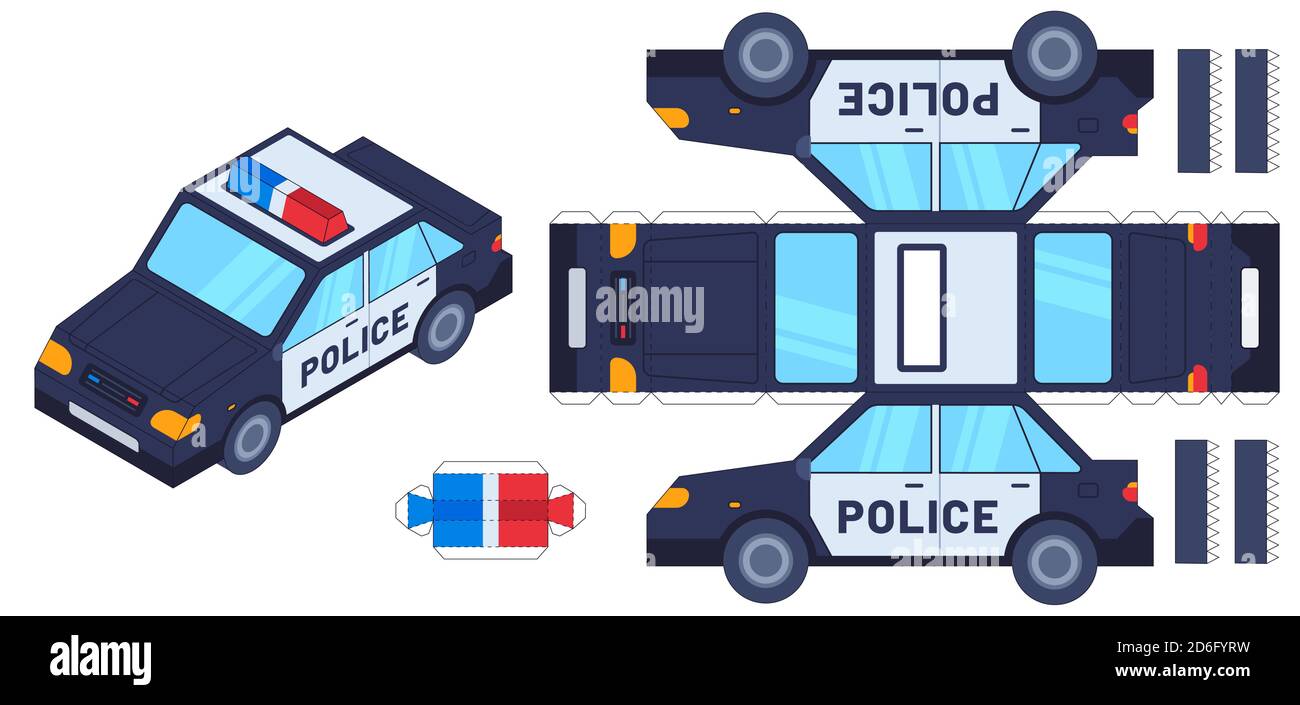 Police car paper cut toy. Kids crafts, create toys with scissors and glue. Paper cop vehicle, 3d model worksheet vector template Stock Vector