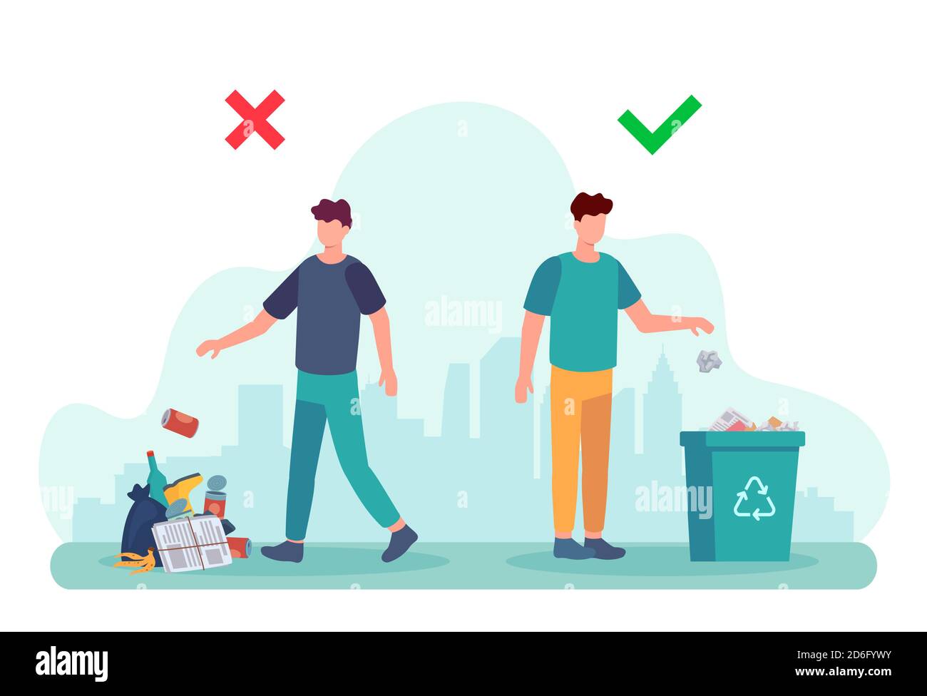 Littering behavior. Infographic of correct and wrong examples of throwing out garbage. Illustration of man disposing trash in container Stock Vector