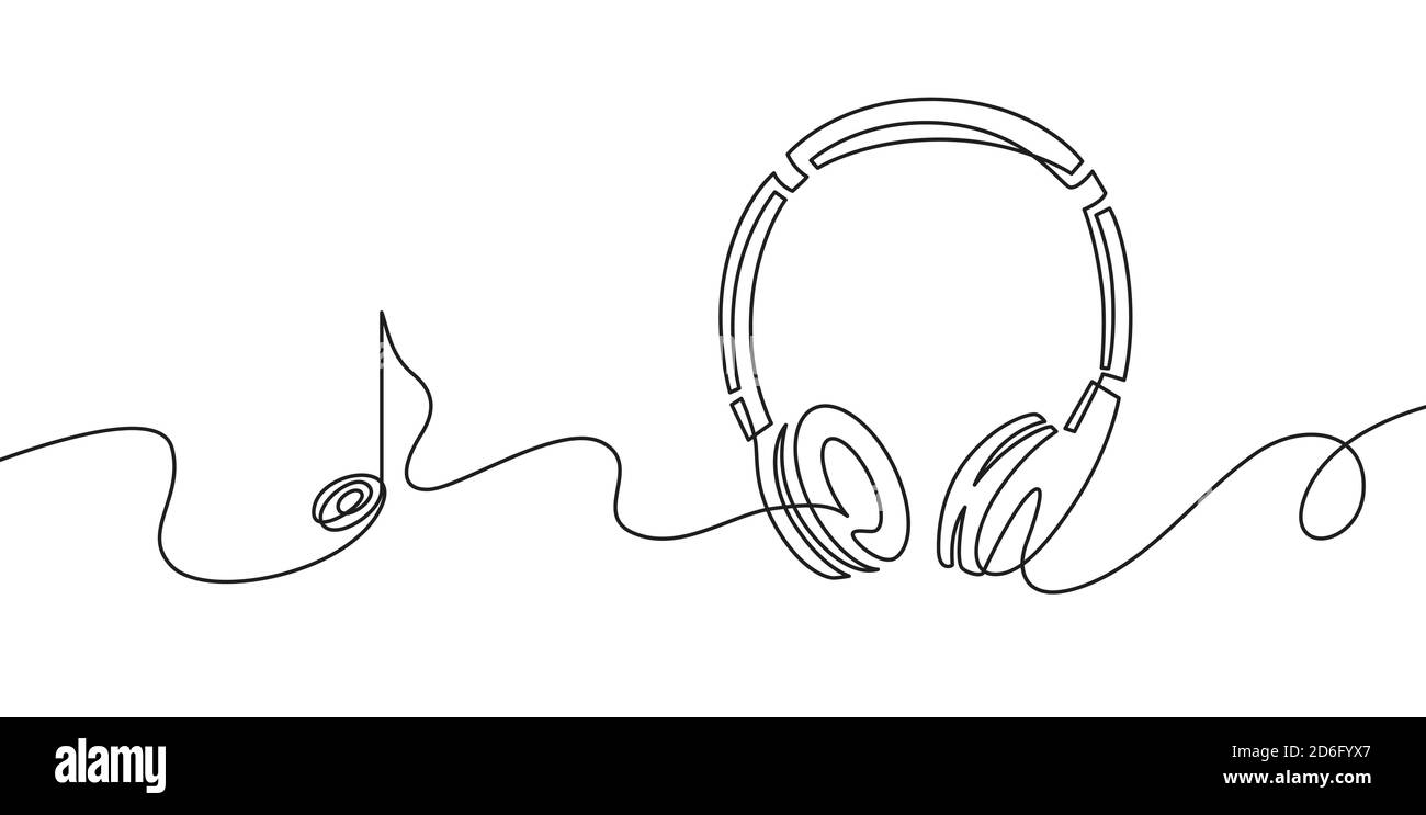 One line headphones. Continuous drawing of music gadget and note. Audio headphone outline sketch. Lineart vector concept of musical symbol Stock Vector