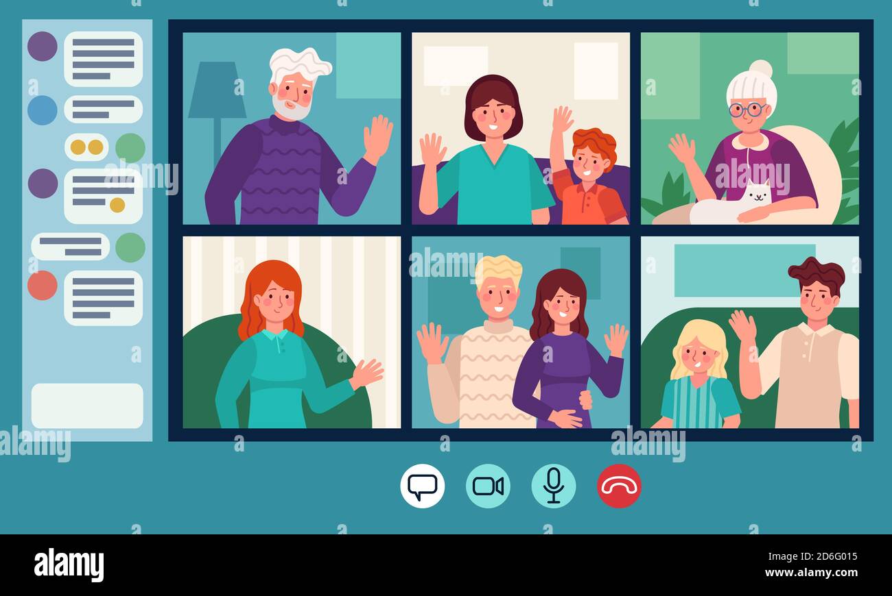 Family video chat. Parents, grandparents and children web chatting. Online video call. Elderly people internet conversation vector concept Stock Vector