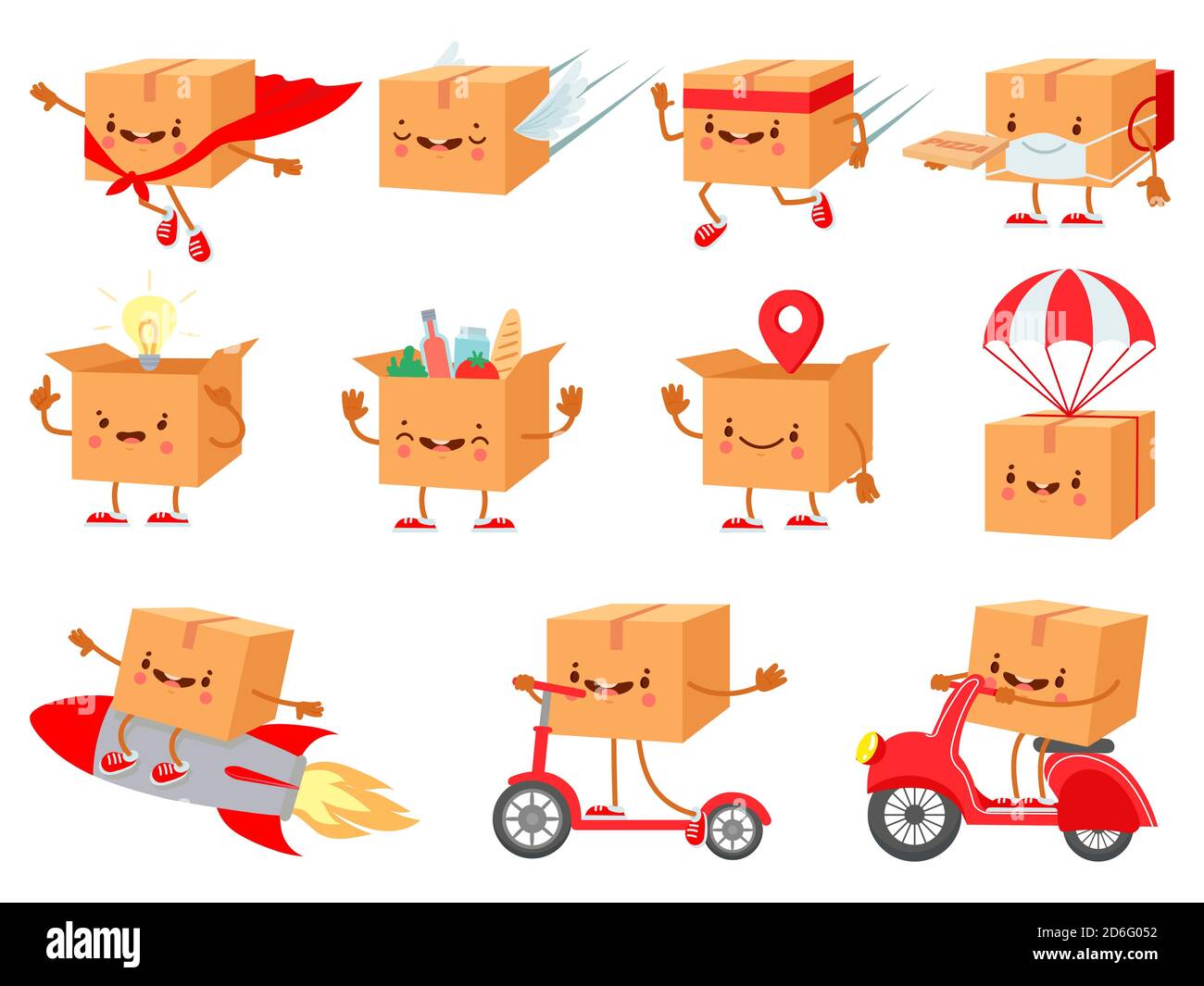 Cardboard box character. Fast delivery service mascot. Cartoon boxes with  faces. Shipping package on parachute. Happy purchase vector set Stock  Vector Image & Art - Alamy