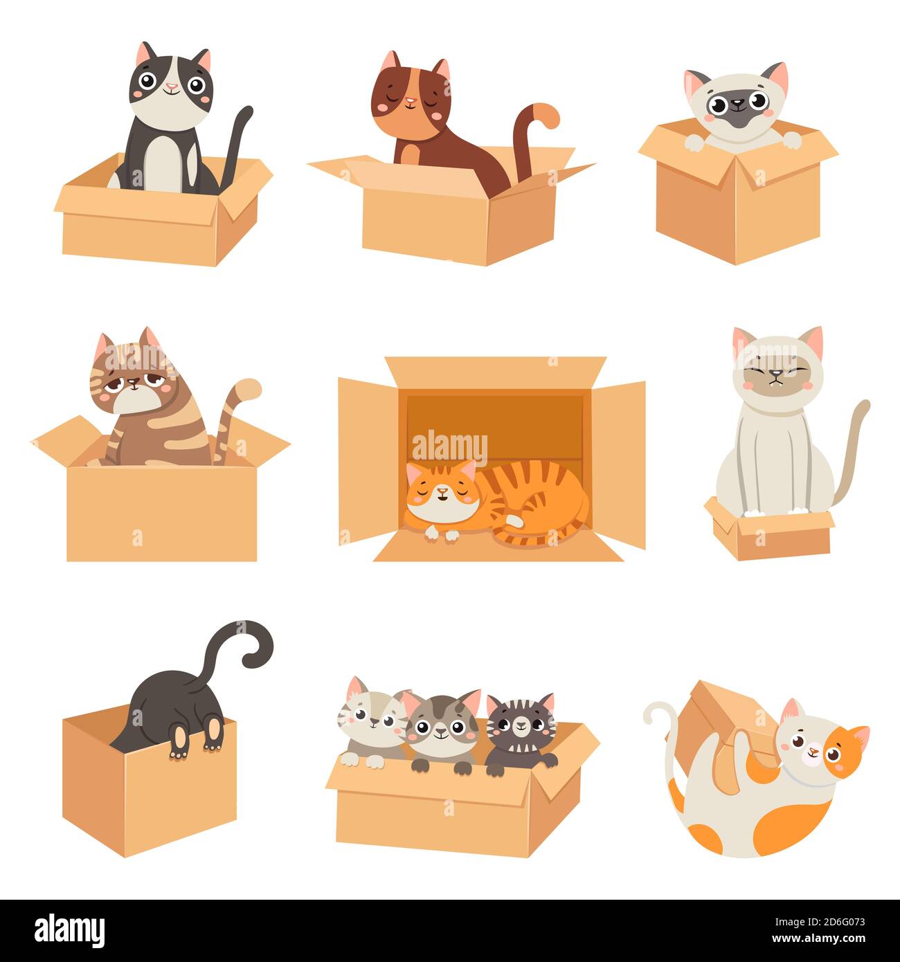 Cats in boxes. Cute stickers with cat sitting, sleeping and playing in cardboard box. Funny hiding kittens. Adopt homeless pet, vector set Stock Vector