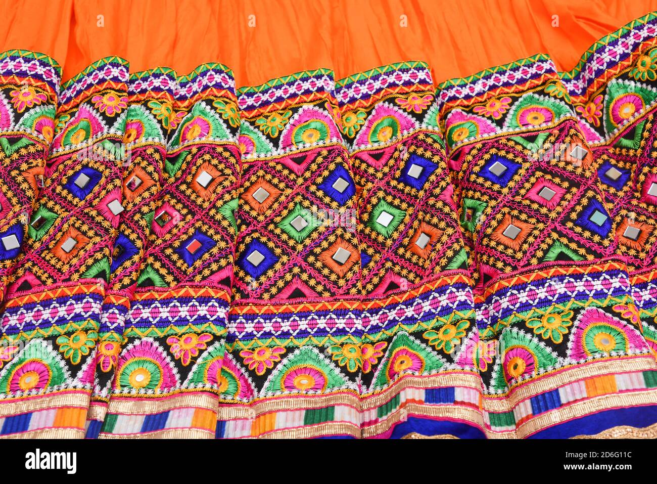Colourful Indian traditional ethnic ware for woman or girls Gujarat, India. Handmade tribal skirt with embroidery, mirror work. Wedding dress of rural Stock Photo