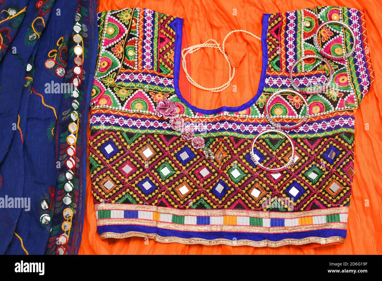 Colourful Indian traditional ethnic ware for woman or girls Gujarat, India. Handmade tribal skirt with embroidery, mirror work. Wedding dress of rural Stock Photo
