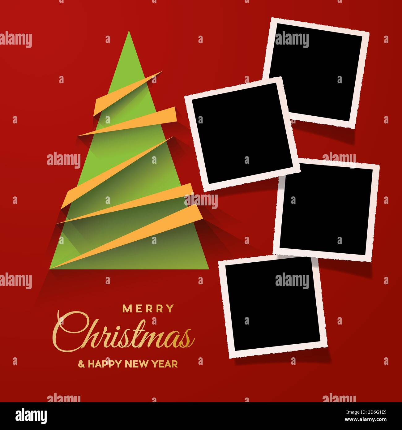 Christmas tree with photos, blank frames. Vector template with pictures