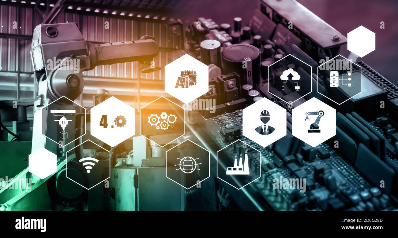 Industry technology concept - Smart factory for fourth industrial revolution with icon graphic showing automation system by using robots and Stock Photo - Alamy Industry technology concept - Smart factory for fourth industrial revolution with icon graphic showing automation system by using robots and Stock Photo - Alamy