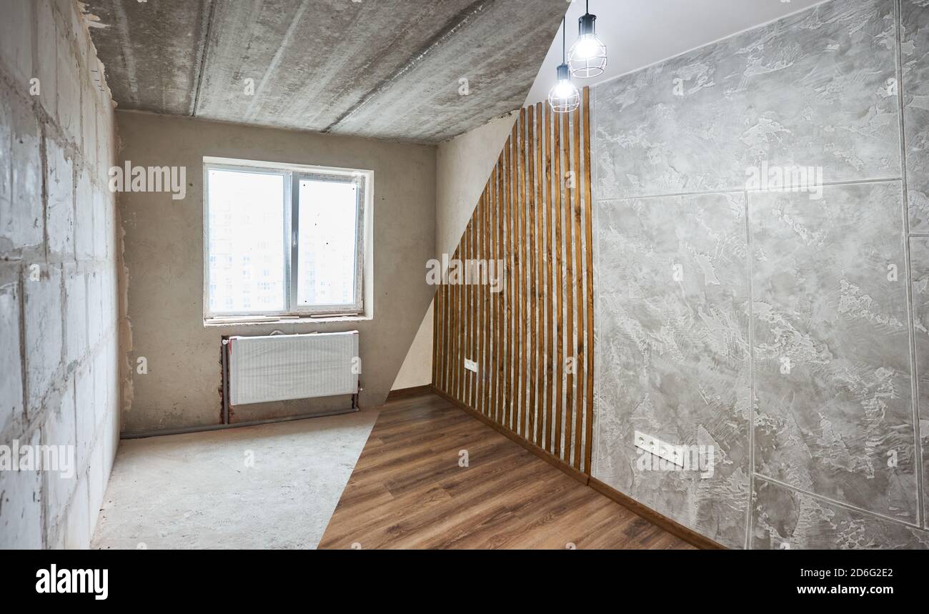 Empty apartment with modern plastic window and heating radiators before and after renovation. Comparison of old room and new renovated place with parquet and chandeliers. Concept of home restoration. Stock Photo