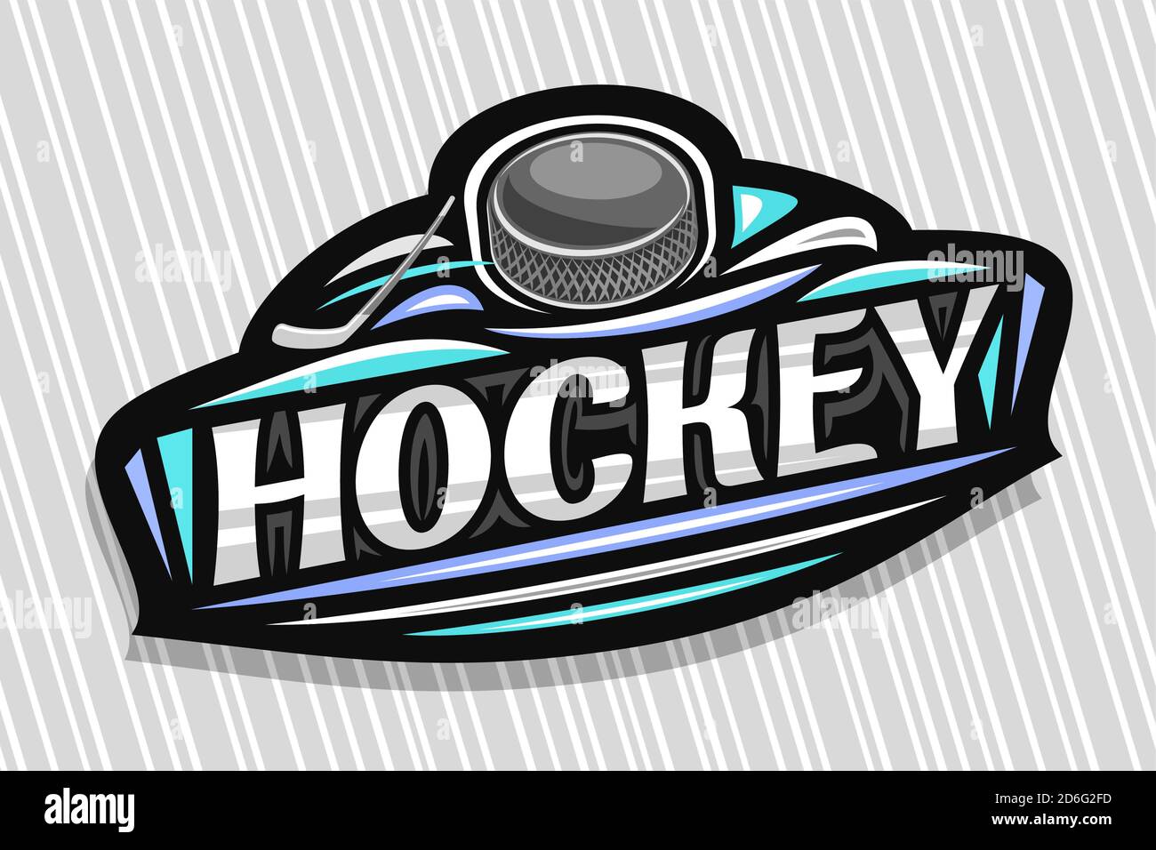 Vector logo for Ice Hockey Sport, modern emblem with illustration of flying ball in goal and stick, unique lettering for gray word hockey, sports sign Stock Vector