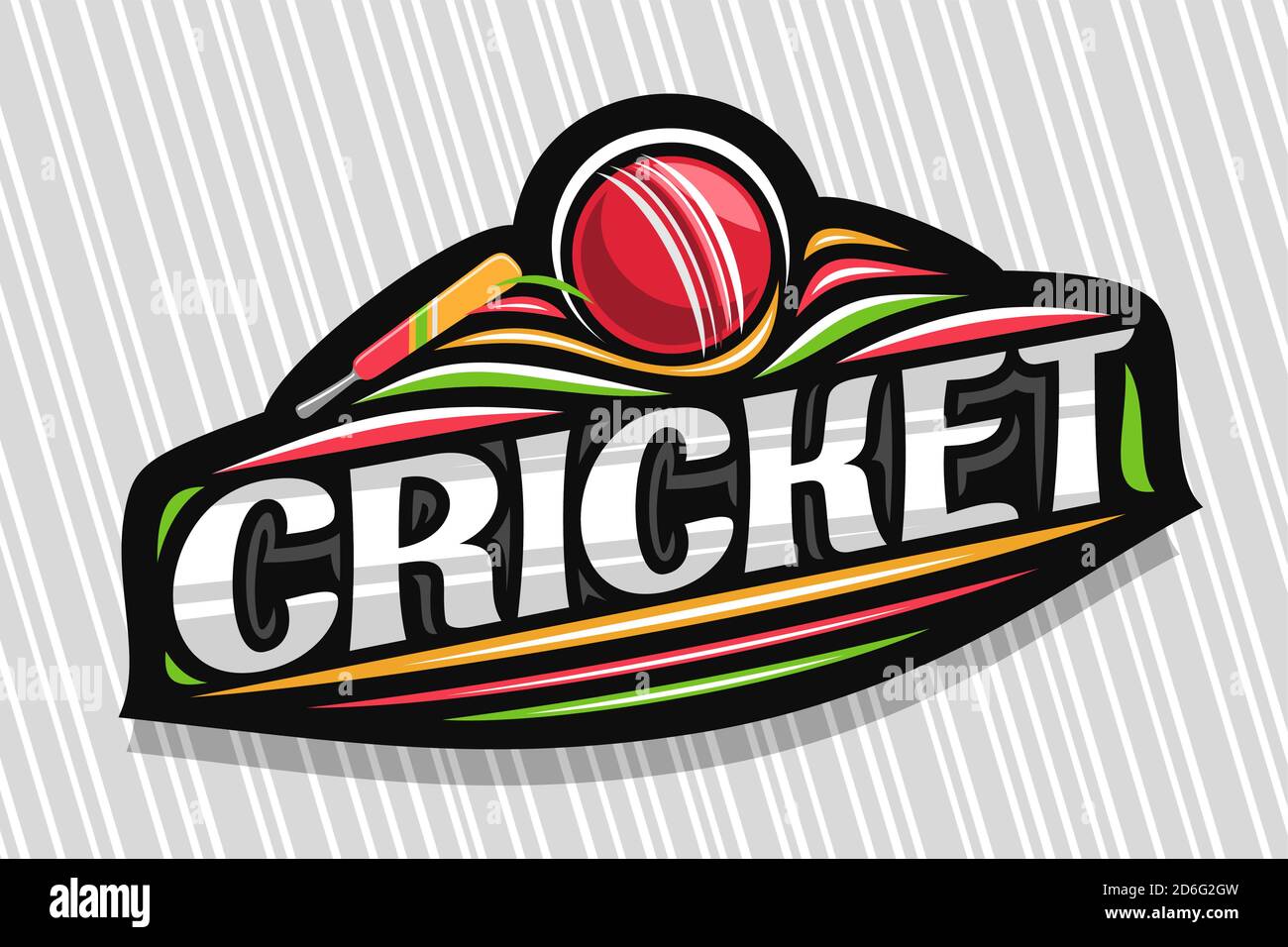 Vector logo for Cricket Sport, dark modern emblem with illustration of flying ball in goal and bat, unique lettering for grey word cricket, sports sig Stock Vector