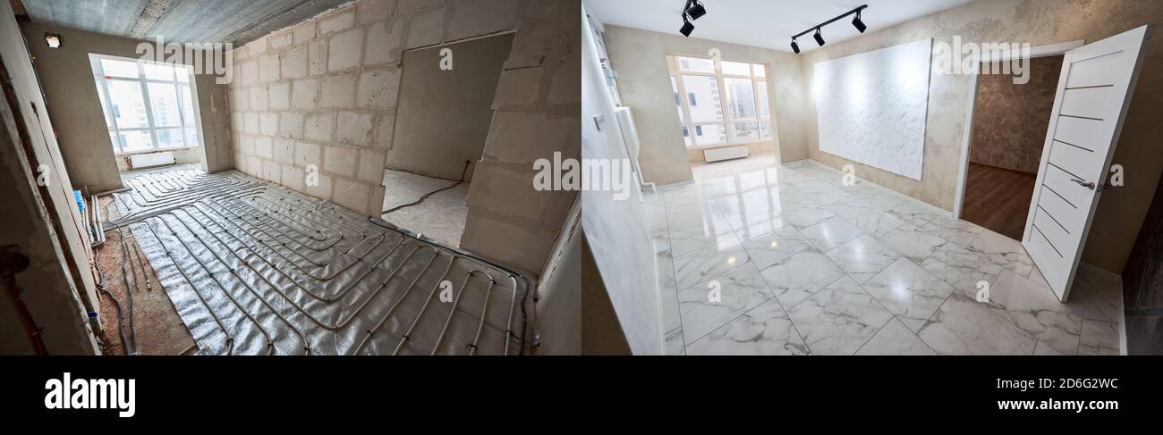 Comparative image of a room - before and after repairs. Unfinished empty walls, doorway, floor heating system vs shiny tiled floor, plastered walls, white new door. Renovation concept Stock Photo