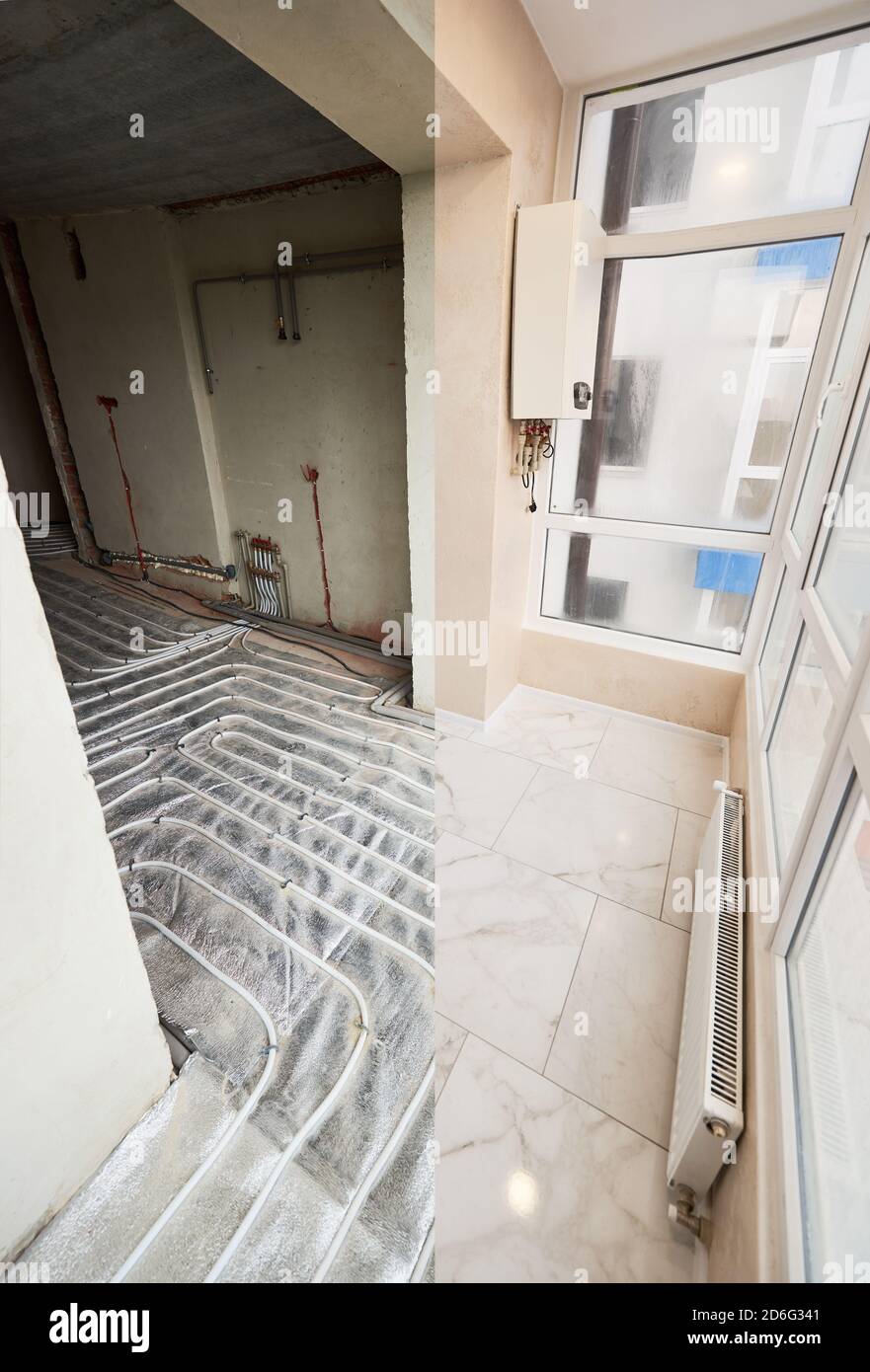 Comparison of old room with underfloor heating pipes and new renovated place with plastic window and marble floor. Modern apartment before and after renovation. Concept of home refurbishment. Stock Photo