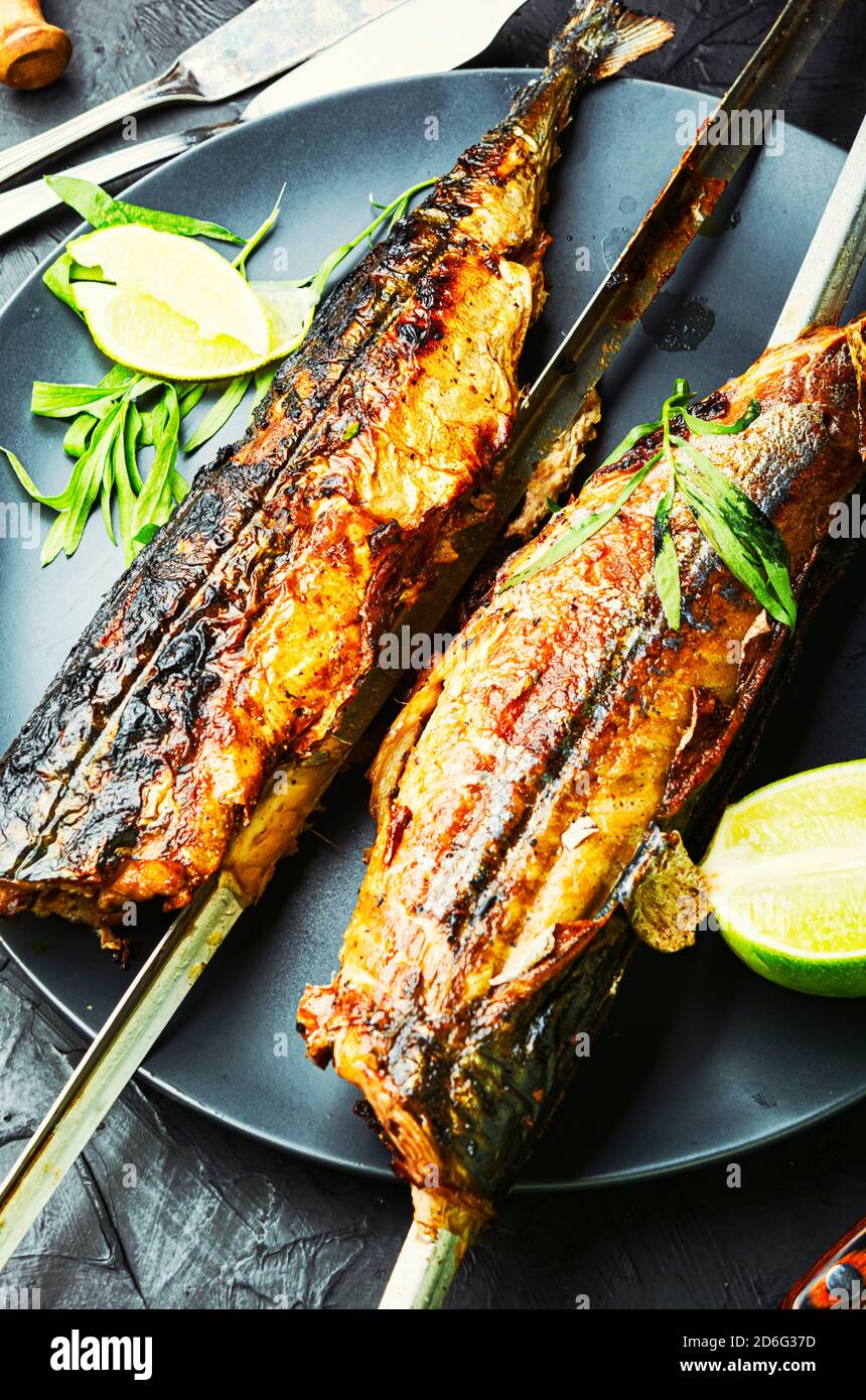 Fish kebab from mackerel. Mackerel on skewers. Grilled fish Stock Photo Alamy
