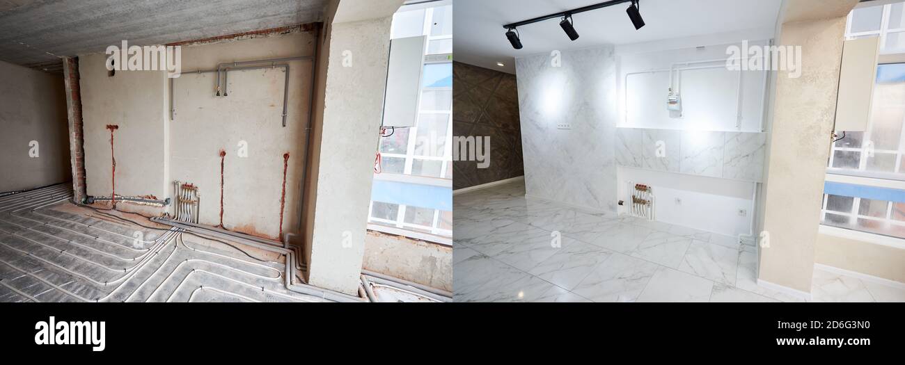 Empty flat with marble floor before and after refurbishment. Comparison of old room with underfloor heating pipes and new renovated place with stylish design in white tones. Concept of home renovation Stock Photo