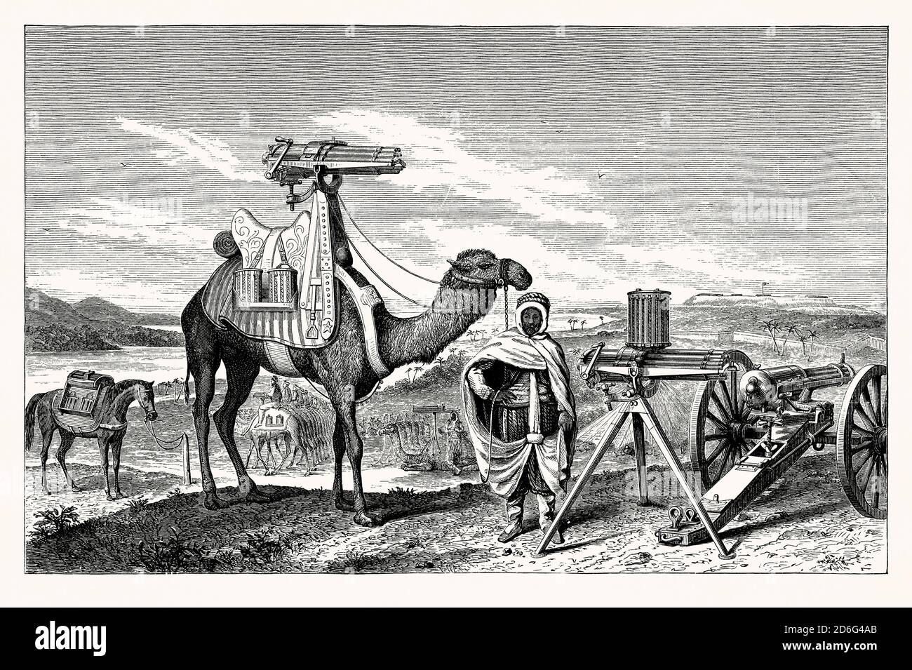An old engraving showing the use of Gatling guns in service in Egypt. It is from a Victorian mechanical engineering book of the 1880s. The illustration shows one gun mounted on the back of a camel. The Gatling gun is a rapid-fire weapon invented in 1861 by American Richard Jordan Gatling and a forerunner of the modern machine gun. One of the best-known early rapid-fire firearms, the Gatling gun first saw combat use in the American Civil War. The Gatling gun's operation centred on a hand-cranked, rotating multi-barrel design. It allowed rapid rates of fire without the barrels overheating. Stock Photo