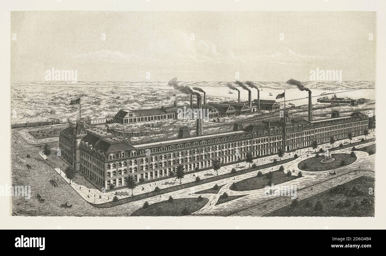 An old engraving of the Singer sewing machine factory, Elizabeth, New Jersey, USA. It is from a Victorian mechanical engineering book of the 1880s. The Singer Corporation is an American manufacturer of consumer sewing machines, first established as I M Singer & Co in 1851 by Isaac M Singer and New York lawyer Edward C Clark. It was renamed Singer Manufacturing Company in 1865, then the Singer Company in 1963. Its first large factory was built in 1863 in New Jersey but it is now based in La Vergne, Tennessee, near Nashville. Stock Photo