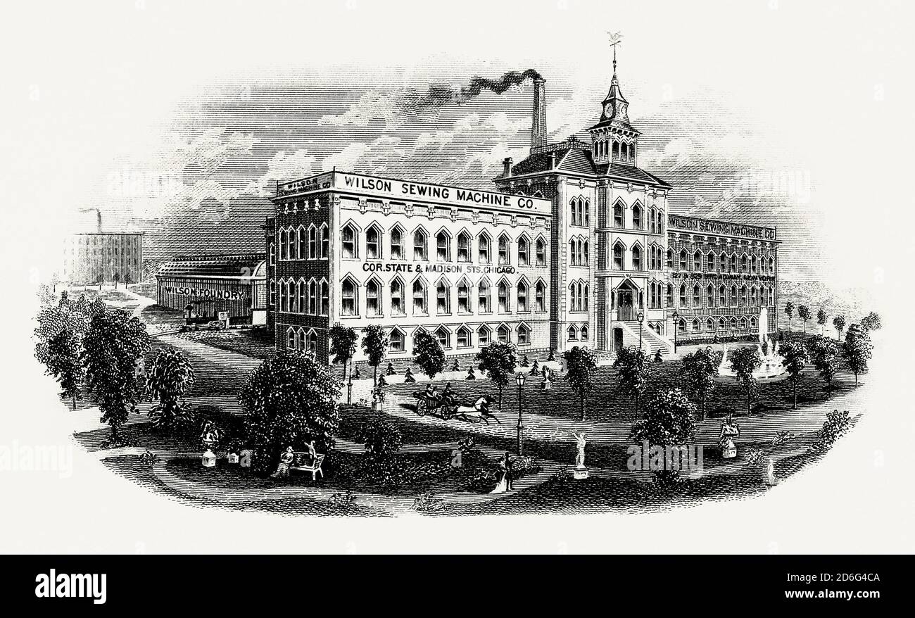 An old engraving of The W G Wilson Company sewing machine factory, Chicago, Illinois, USA. It is from a Victorian mechanical engineering book of the 1880s. The company was originally based in Cleveland but moved their operations to Chicago in 1875. Machines could be delivered, free of charge, at any railroad depot in the USA. At the Centennial Exposition of 1876 Wilson received the Grand Prize Medal and Diploma. Stock Photo