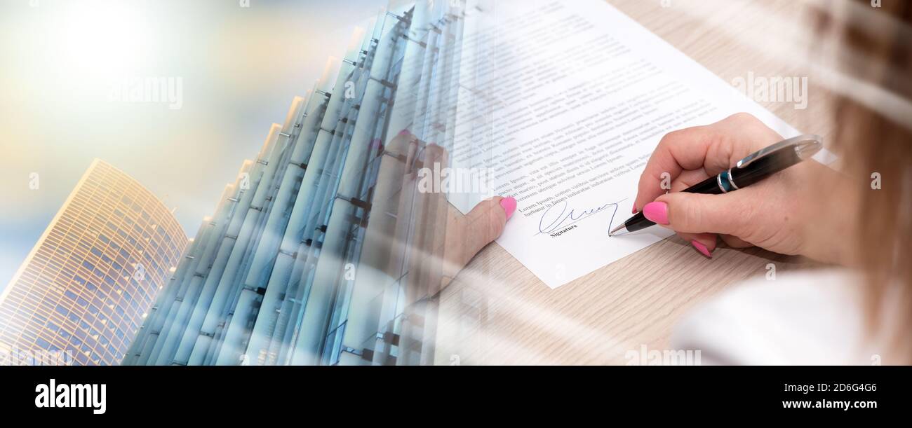 Woman signing a legal document; multiple exposure Stock Photo - Alamy