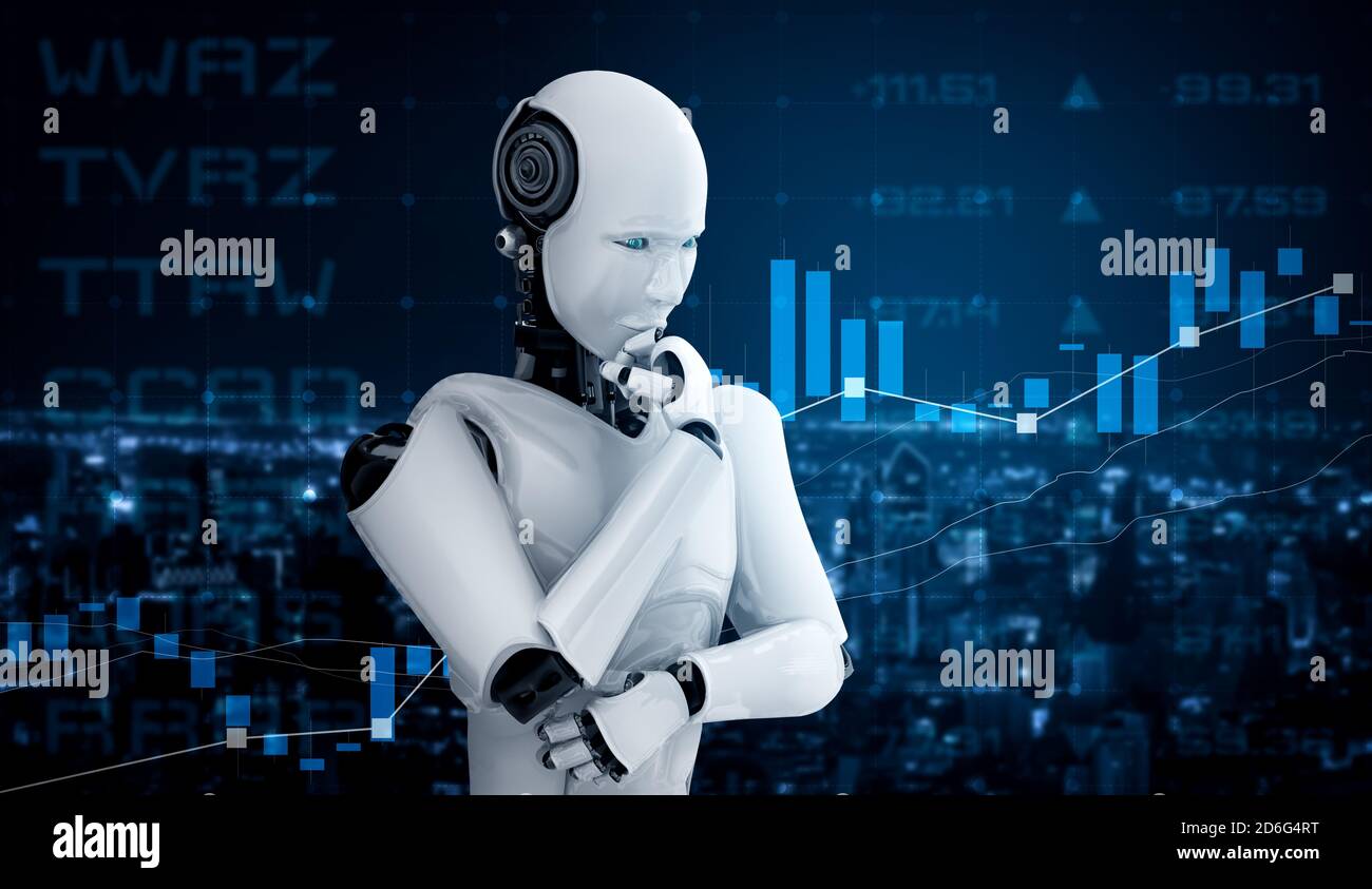Thinking AI humanoid robot analyzing stock market exchange trading by