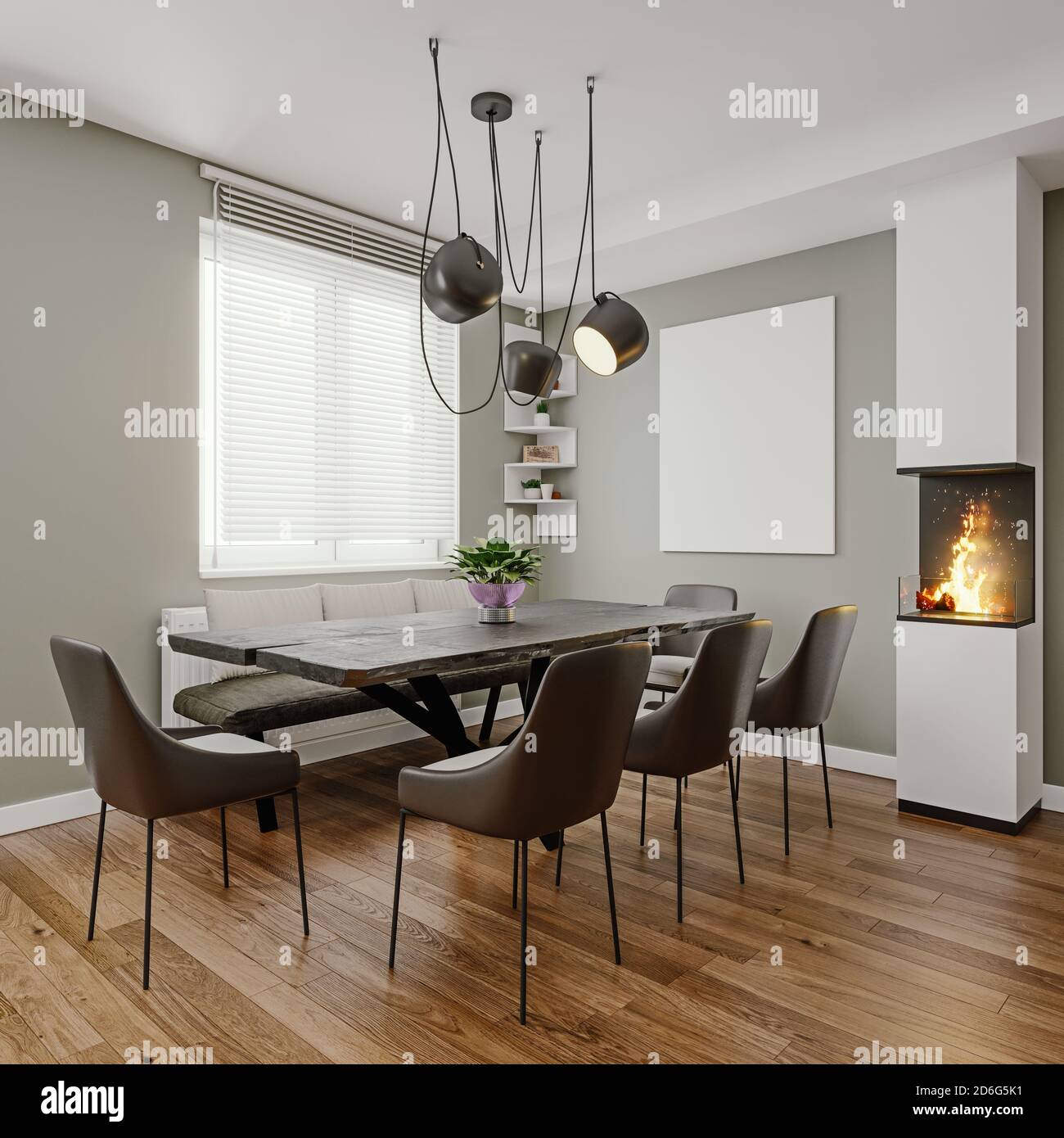 Modern italian design dining room with small fireplace and empty picture frame, mock-up, 3d rendering, 3d illustration Stock Photo