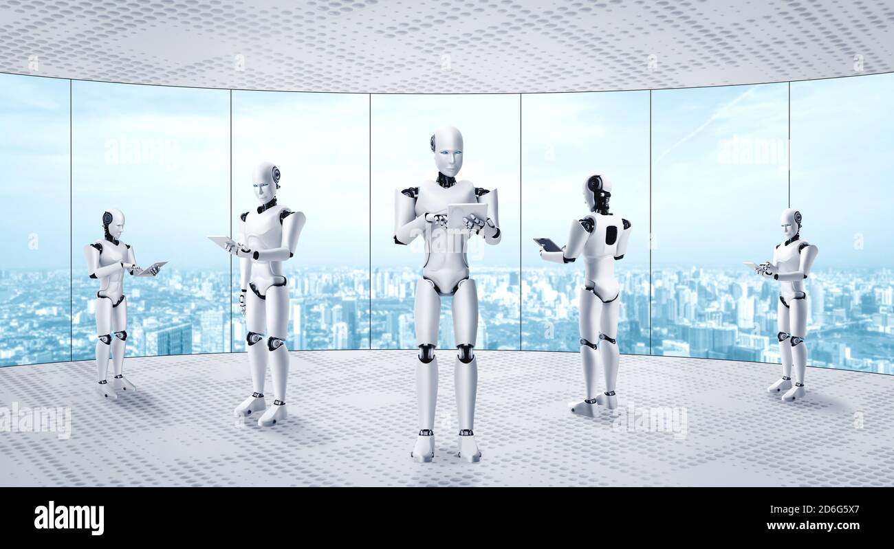 3D rendering robot humanoid working in future office interior . Concept of AI thinking brain and machine learning process for the 4th fourth Stock Photo