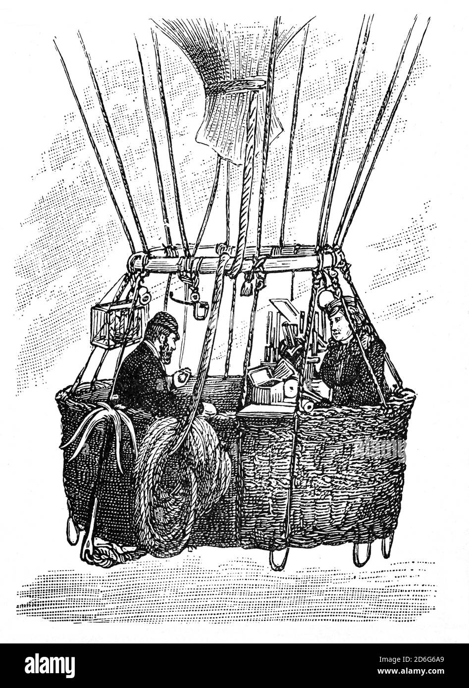 British scientist Henry Coxwell and Dr. James Glaisher taking direct scientific measurements for the study of weather and rain in their balloon on September 5, 1862. It appears that they sailed tens of thousands of feet into the skies with no idea of the extreme cold to be encountered at upper altitudes, or the thinning oxygen levels and the two woefully under-prepared men nearly died. Stock Photo