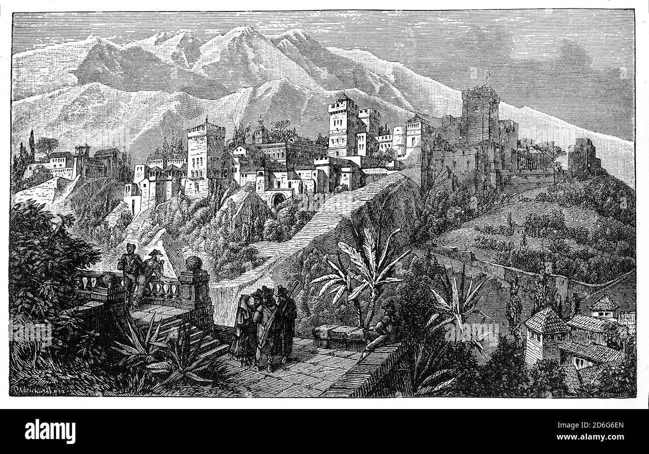 A late 19th Century view of the Alhambra, with the Sierra Nevada mountains in the background. Located in Granada, Andalusia, Spain, it was originally constructed as a small fortress in 889 CE on the remains of Roman fortifications. In the mid-13th century its ruins were renovated and rebuilt by the Nasrid emir Mohammed ben Al-Ahmar of the Emirate of Granada, who built its current palace and walls with many beautiful, intricate details. After the conclusion of the Christian Reconquista in 1492, the site became the Royal Court of Ferdinand and Isabella. Stock Photo