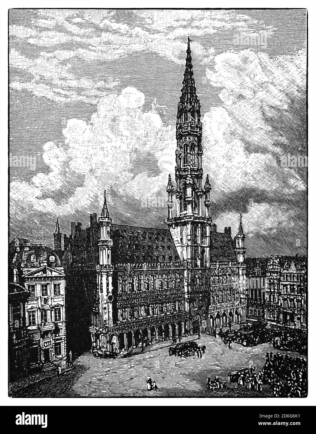 A 19th Century view of the Town Hall or Hôtel de Ville, a Gothic building from the Middle Ages,located on the famous Grand Place in Brussels, Belgium. It is the only remaining medieval building of the Grand Place and is considered a masterpiece of civil Gothic architecture and more particularly of Brabantine Gothic. Stock Photo