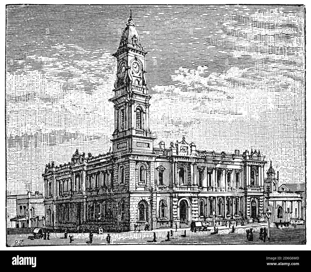 A late 19th Century view of Adelaide General Post Office c1890, with its clock tower known as the 'Victoria Tower'. Located on the corner of King William and Franklin Streets, it was designed by Edmund Wright and Edward Woods in the Anglo-Italian style, who won a competition ahead of twelve other architects. Stock Photo