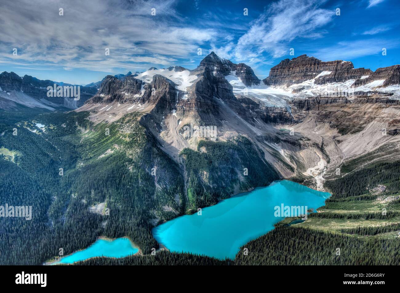 Mount Assiniboine with Marvel Lake taken from a helicopter. Stock Photo