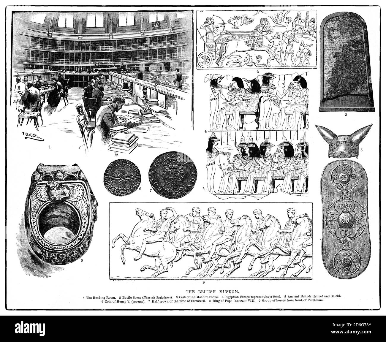 A 19th Century illustration of elements of the British Museum, in the Bloomsbury area of London, United Kingdom. A public institution dedicated to human history, art and culture, its permanent collection,  sourced during the era of the British Empire, of some eight million works is among the largest and most comprehensive in existence. It documents the story of human culture from its beginnings to the presentand was the first public national museum in the world. Stock Photo