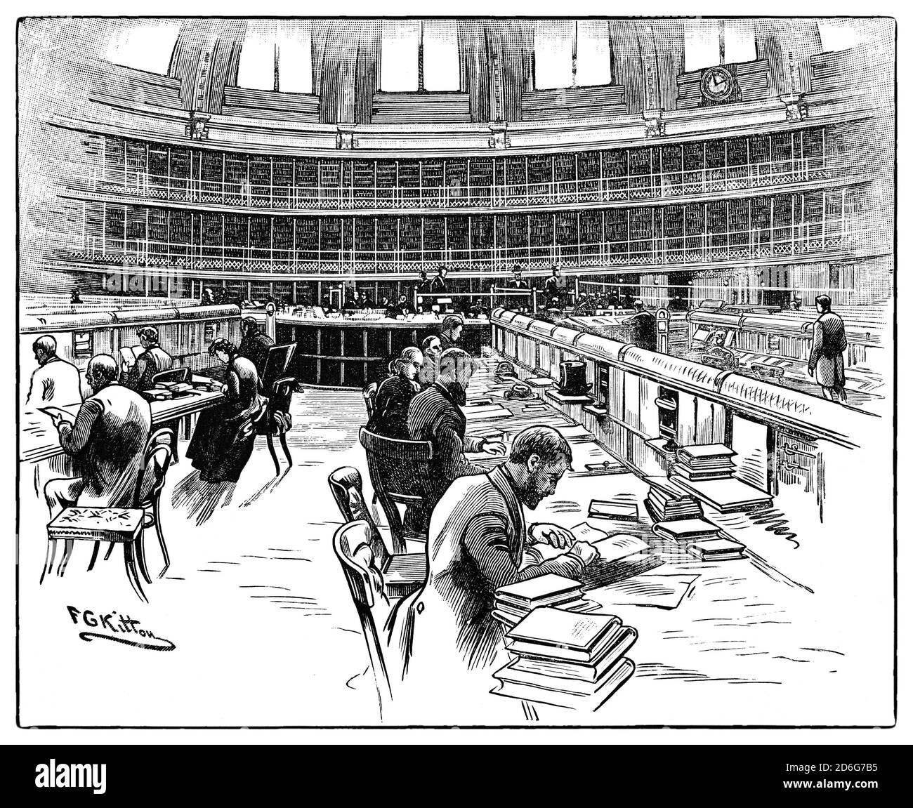 A 19th Century view of the Reading Room opened in 1857 at the heart of the British Museum, the first public national museum in the world, established in the Bloomsbury area of London, United Kingdom. Stock Photo