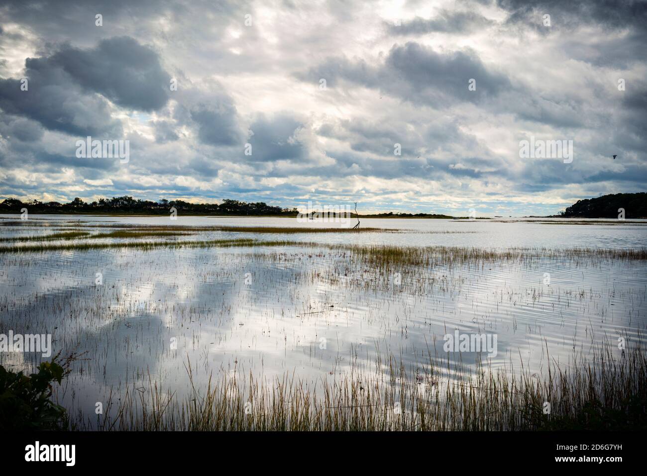 Clouds reflected in the water of a tidal salt marsh just after a rainstorm in autumn. Stock Photo