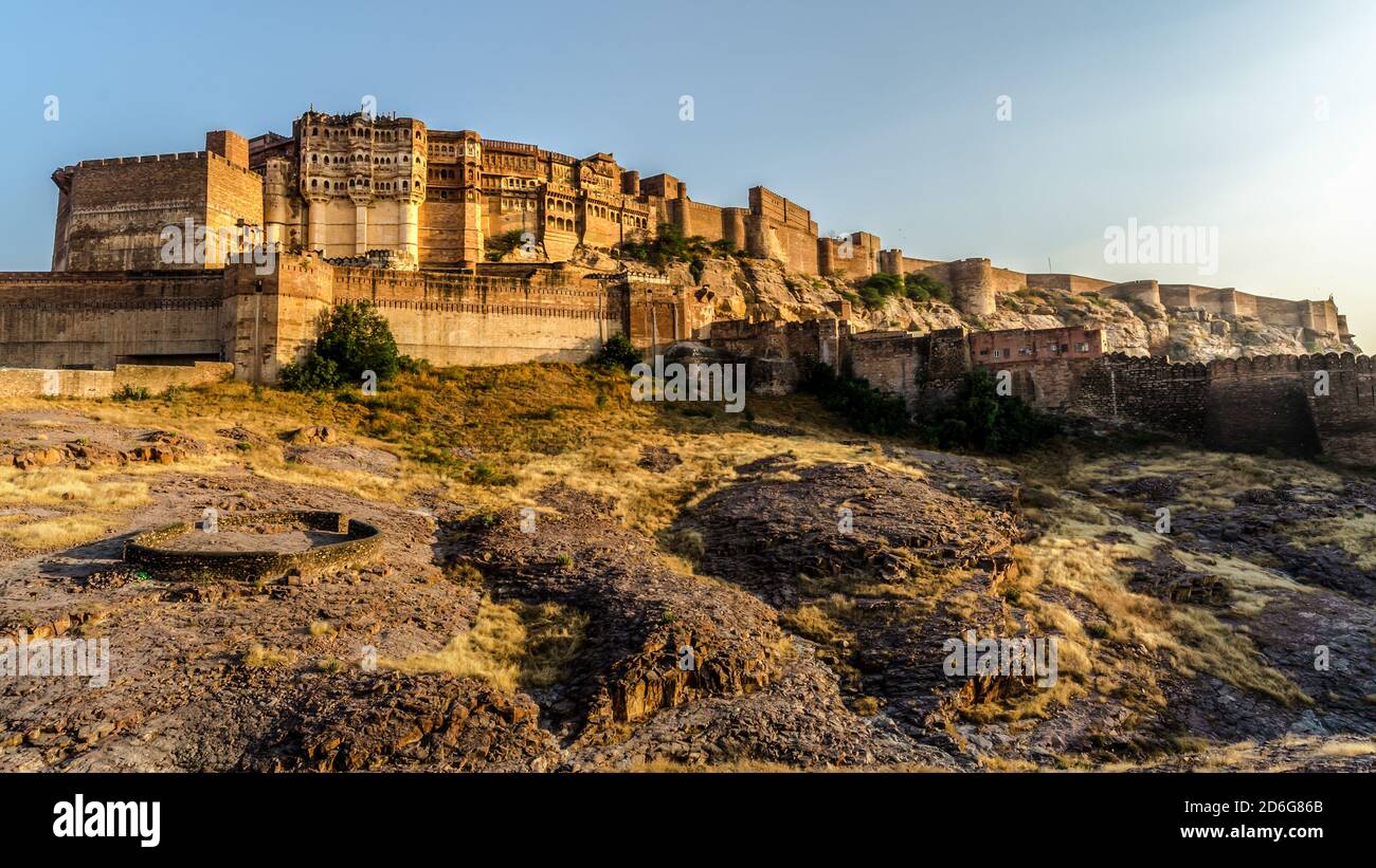 Mehrangarh fort,Jodhpur,Rajasthan,India a famous tourist destination under blue sky with prominent foreground. Stock Photo