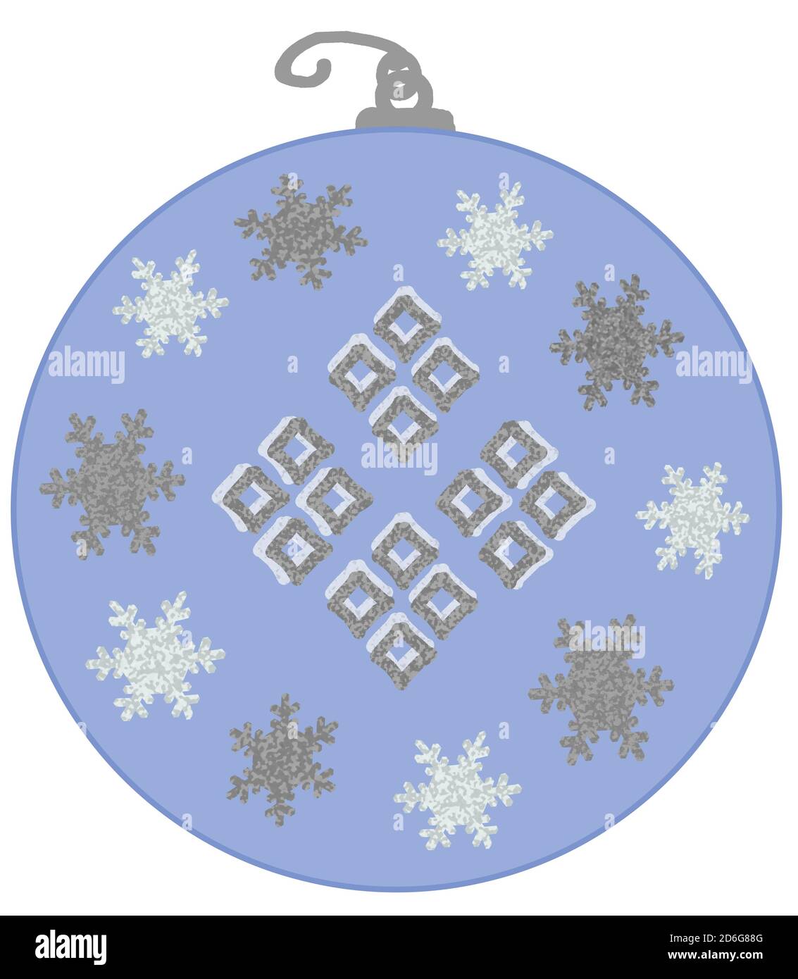 Blue holiday ornament with white and silver snowflakes and diamond shapes hand drawn style graphic resource. Stock Photo