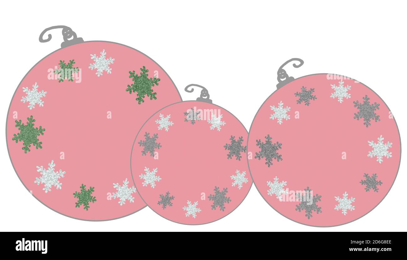 Pastel pink Christmas decorations with silver white and green snowflakes hand drawn style illustration Stock Photo