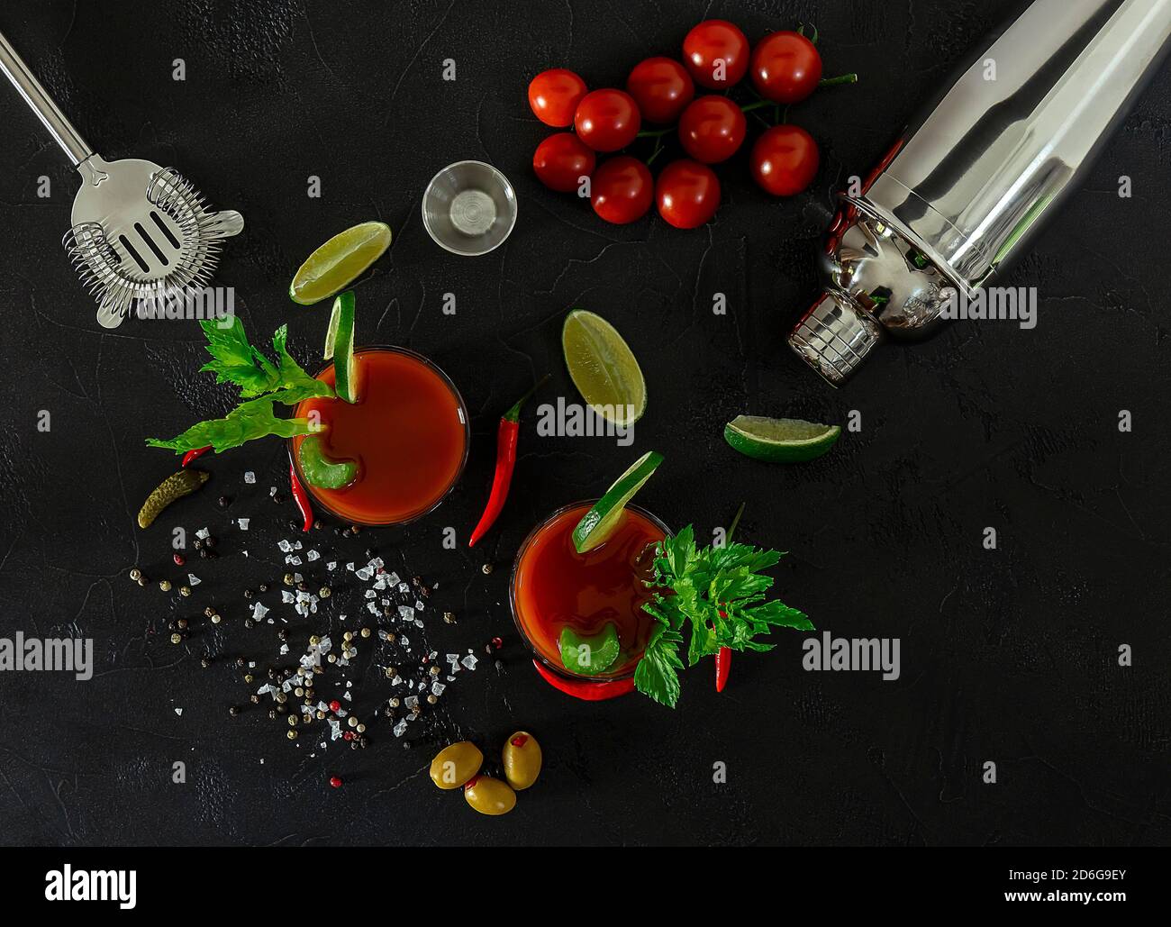 Bloody Mary Cocktail in glasses with garnishes.  Stock Photo