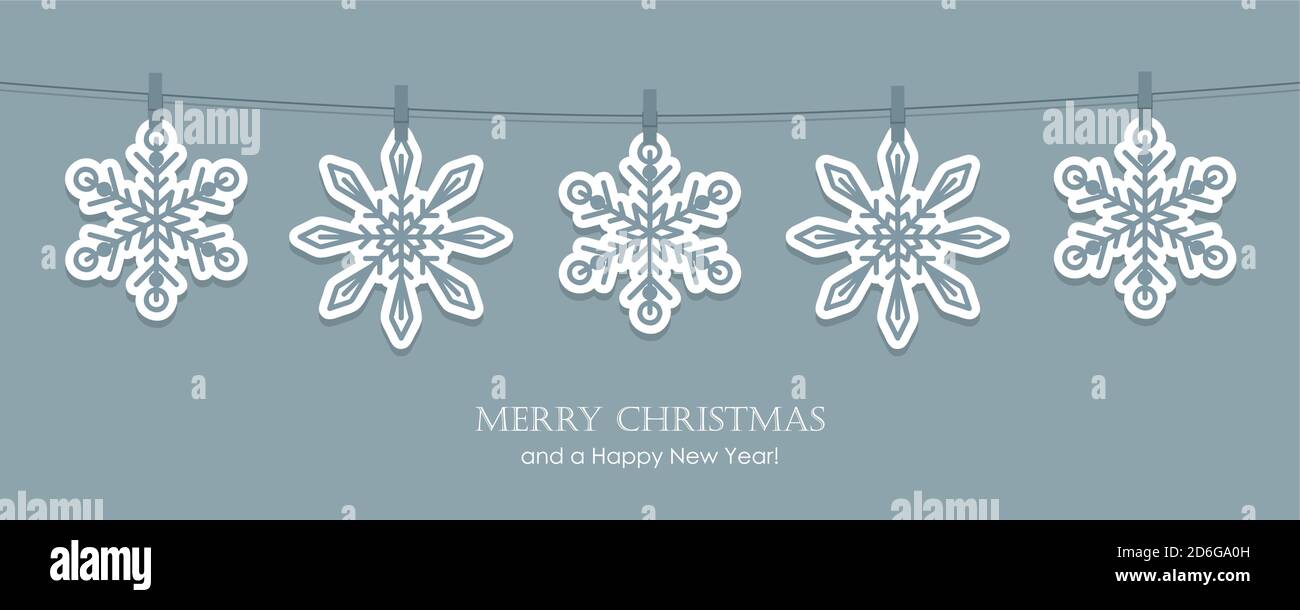 grey christmas card with hanging snowflakes vector illustration EPS10 Stock Vector