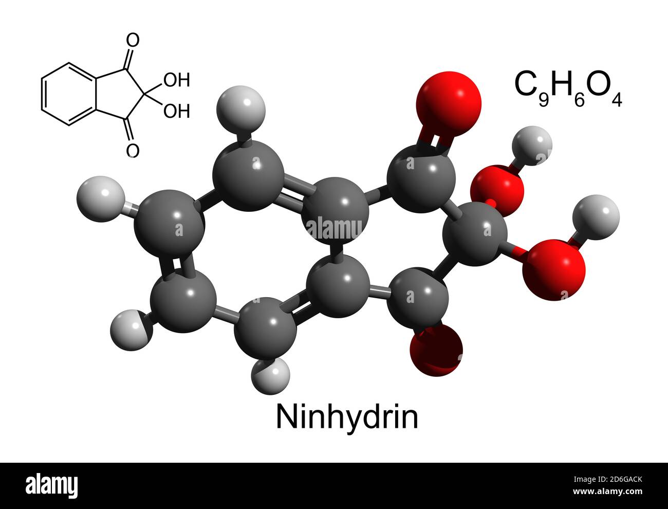 Chemical formula, structural formula and 3D ball-and-stick model of ninhydrin, a chemical used to detect ammonia or primary and secondary amines Stock Photo